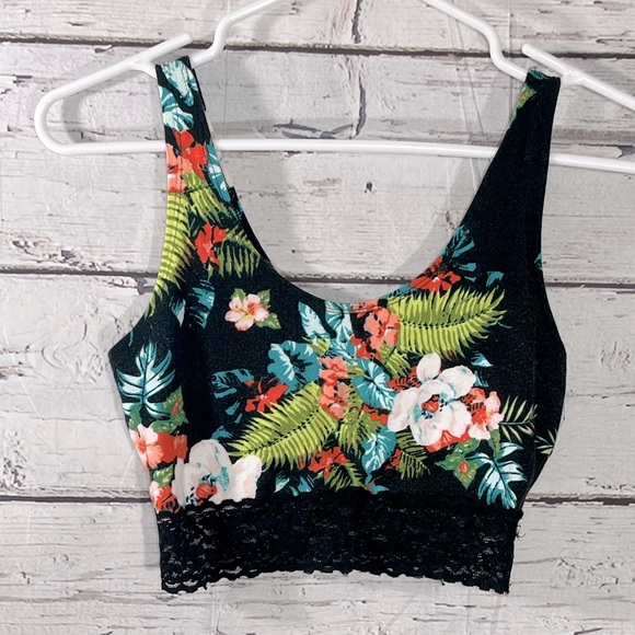 MUDD Crop Top Stretchy Lace Trimmed Black Tropical Print-XS - Picture 1 of 2